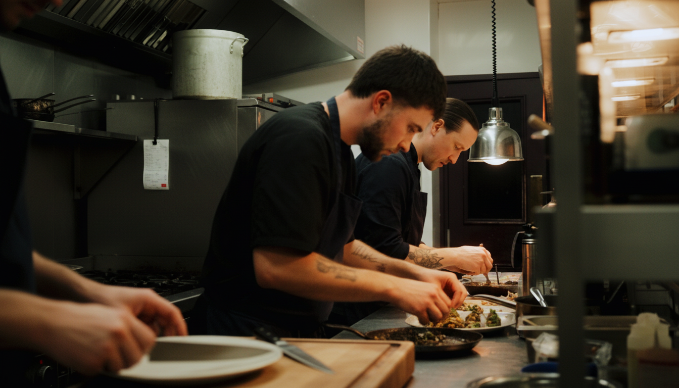 Cam working the pass in the kitchen